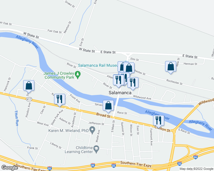 map of restaurants, bars, coffee shops, grocery stores, and more near River Street & Chestnut Street in Salamanca