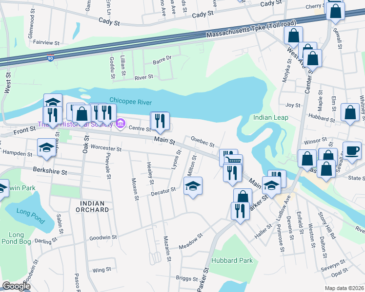 map of restaurants, bars, coffee shops, grocery stores, and more near 322 Main Street in Springfield