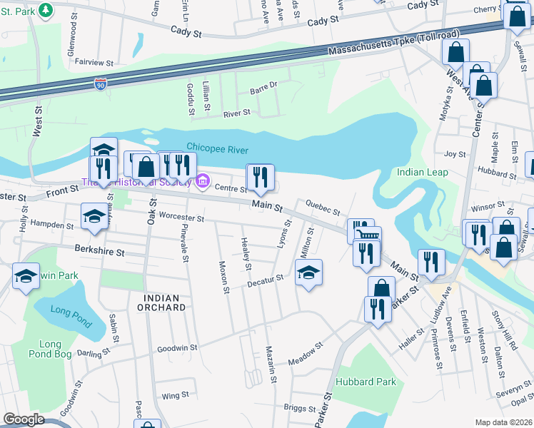 map of restaurants, bars, coffee shops, grocery stores, and more near 281 Main Street in Springfield