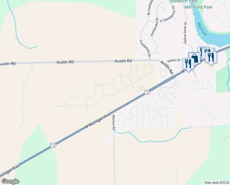 map of restaurants, bars, coffee shops, grocery stores, and more near 8808 West Michigan Avenue in Saline