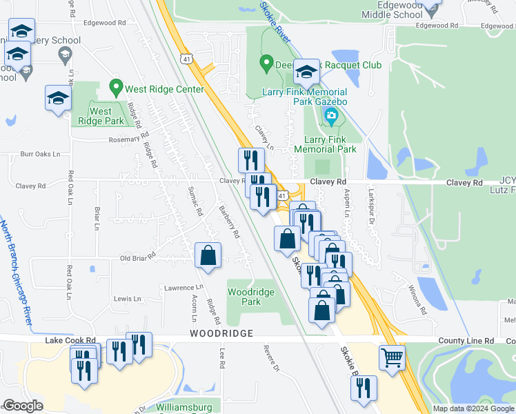 map of restaurants, bars, coffee shops, grocery stores, and more near 332 Skokie Valley Road in Highland Park