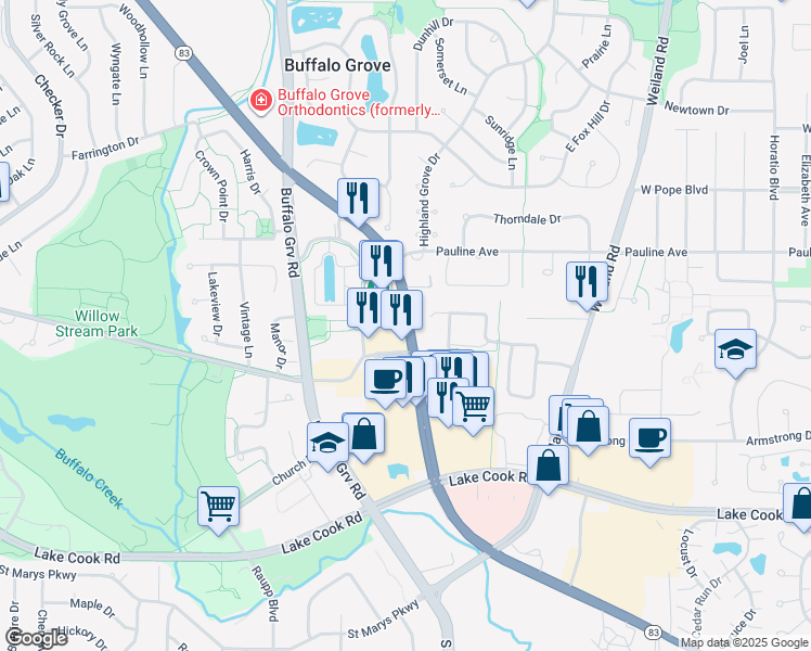 map of restaurants, bars, coffee shops, grocery stores, and more near 42 Woodstone Court in Buffalo Grove