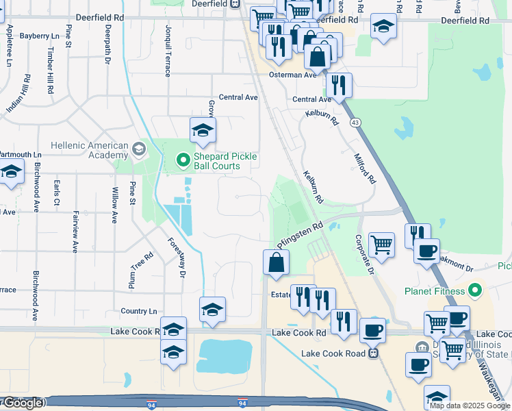 map of restaurants, bars, coffee shops, grocery stores, and more near 937 Fountain View Drive in Deerfield