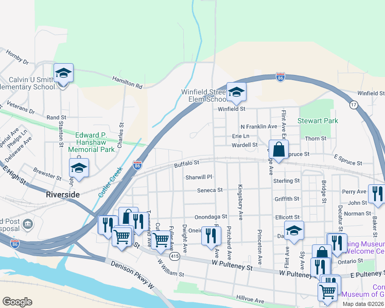 map of restaurants, bars, coffee shops, grocery stores, and more near 47 Stimson Street in Corning