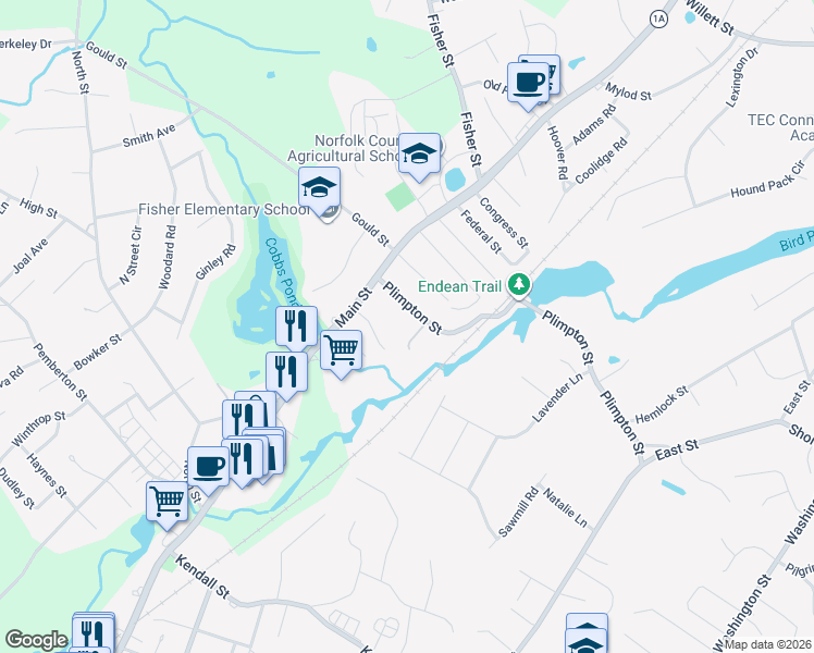 map of restaurants, bars, coffee shops, grocery stores, and more near 262 Plimpton Street in Walpole