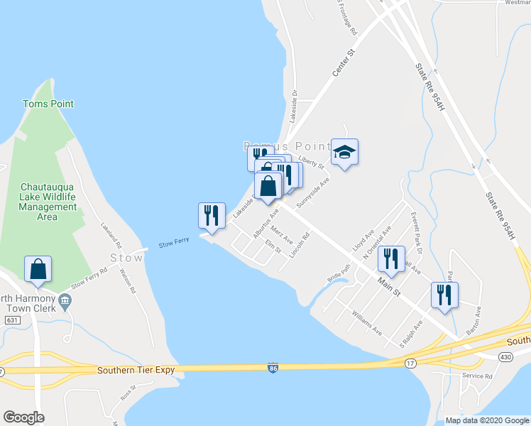 map of restaurants, bars, coffee shops, grocery stores, and more near 12 Alburtus Avenue in Bemus Point