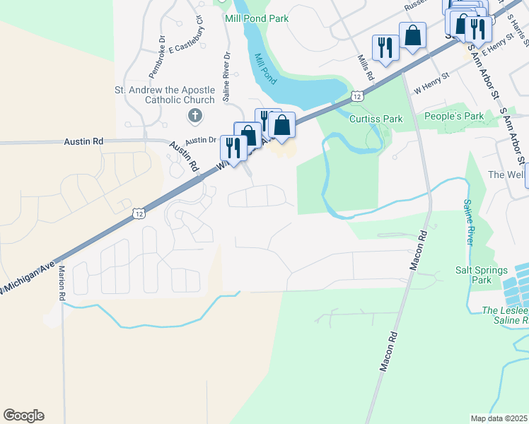 map of restaurants, bars, coffee shops, grocery stores, and more near 783 Valley Circle Drive in Saline