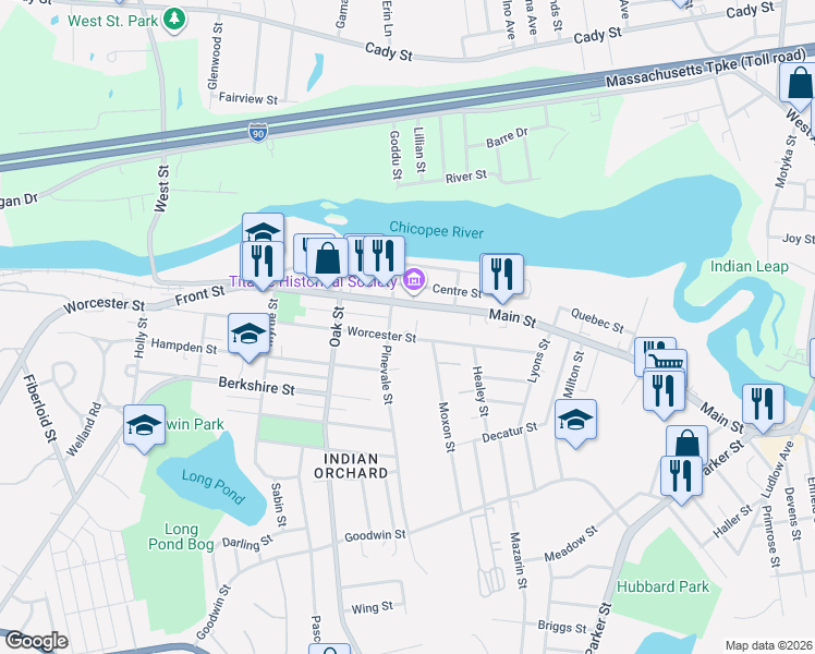 map of restaurants, bars, coffee shops, grocery stores, and more near 1304 Worcester Street in Springfield