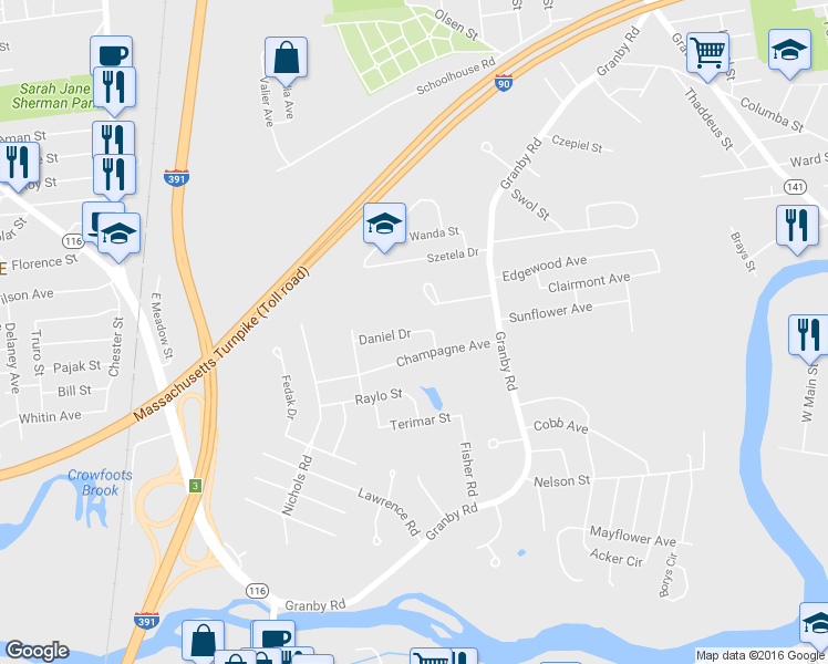 map of restaurants, bars, coffee shops, grocery stores, and more near 74 Daniel Drive in Chicopee