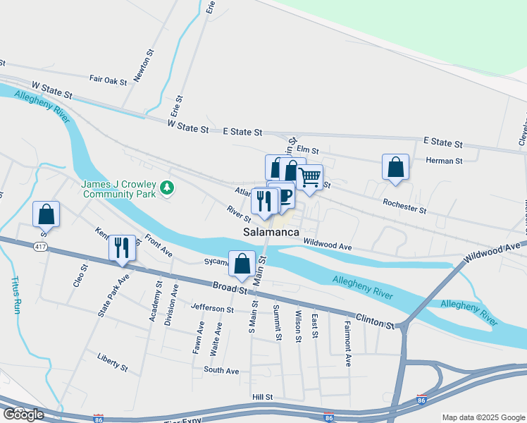 map of restaurants, bars, coffee shops, grocery stores, and more near 107-109 Main Street in Salamanca