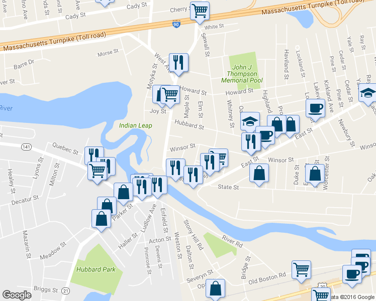 map of restaurants, bars, coffee shops, grocery stores, and more near 54 Winsor Street in Ludlow