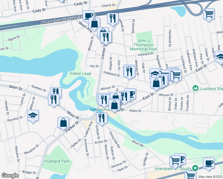 map of restaurants, bars, coffee shops, grocery stores, and more near 54 Winsor Street in Ludlow
