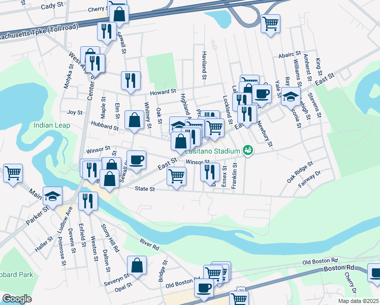 map of restaurants, bars, coffee shops, grocery stores, and more near 263 Ludlow Street in Belchertown