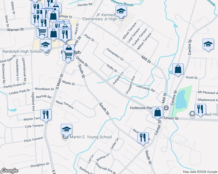 map of restaurants, bars, coffee shops, grocery stores, and more near 152 Union Street in Randolph