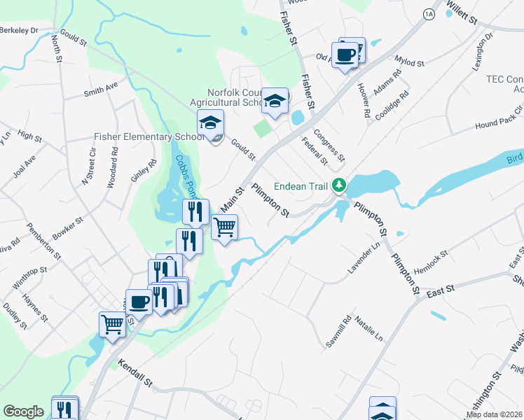 map of restaurants, bars, coffee shops, grocery stores, and more near 262 Plimpton Street in Walpole