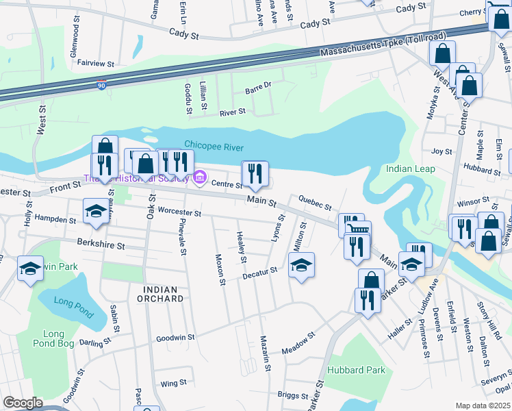map of restaurants, bars, coffee shops, grocery stores, and more near 281 Main Street in Springfield