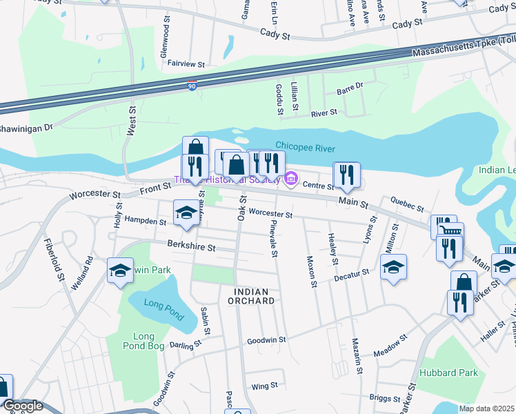 map of restaurants, bars, coffee shops, grocery stores, and more near 90 Caton Lane in Springfield