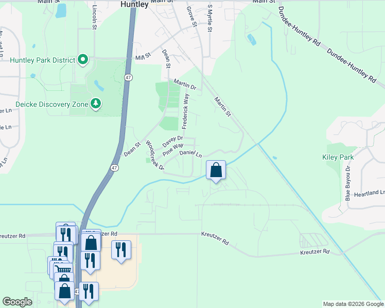 map of restaurants, bars, coffee shops, grocery stores, and more near 116128 Daniel Lane in Huntley