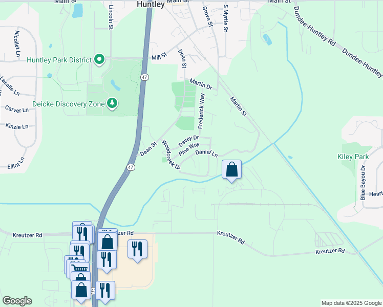 map of restaurants, bars, coffee shops, grocery stores, and more near 11735 Woodcreek Drive in Huntley