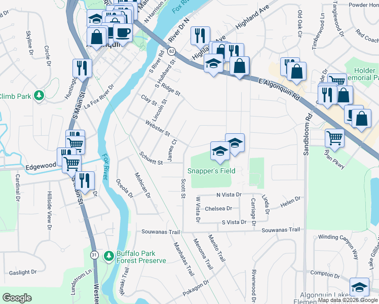 map of restaurants, bars, coffee shops, grocery stores, and more near 501 Scott Street in Algonquin