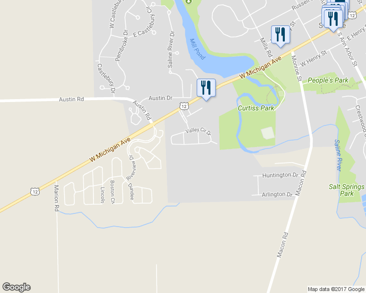 map of restaurants, bars, coffee shops, grocery stores, and more near 817 Valley Circle Drive in Saline