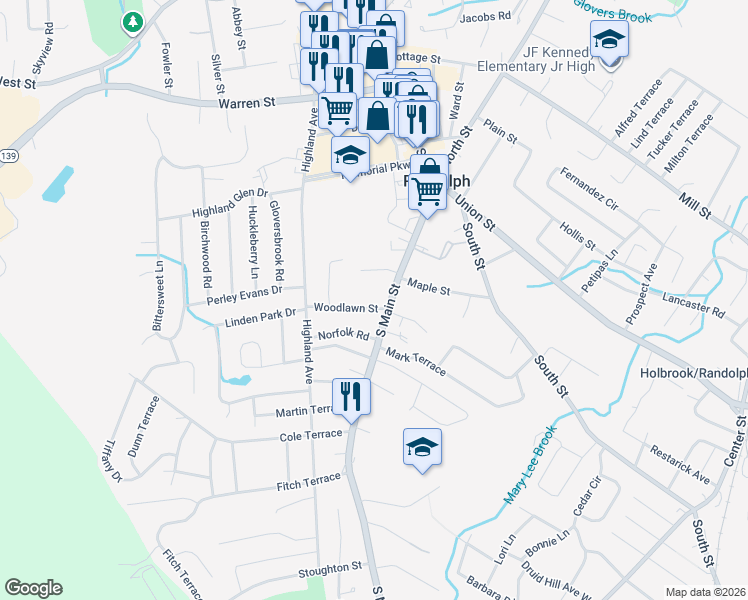 map of restaurants, bars, coffee shops, grocery stores, and more near 27 Woodlawn Street in Randolph