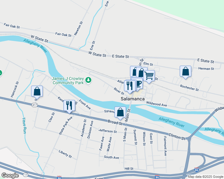 map of restaurants, bars, coffee shops, grocery stores, and more near 79-101 River Street in Salamanca