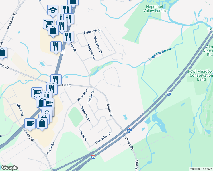 map of restaurants, bars, coffee shops, grocery stores, and more near 23 Coach Lane in Norwood