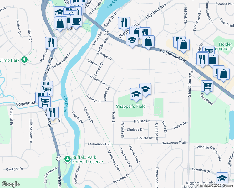 map of restaurants, bars, coffee shops, grocery stores, and more near 501 Scott Street in Algonquin