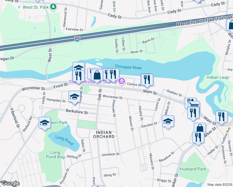 map of restaurants, bars, coffee shops, grocery stores, and more near 1288R Worcester Street in Springfield