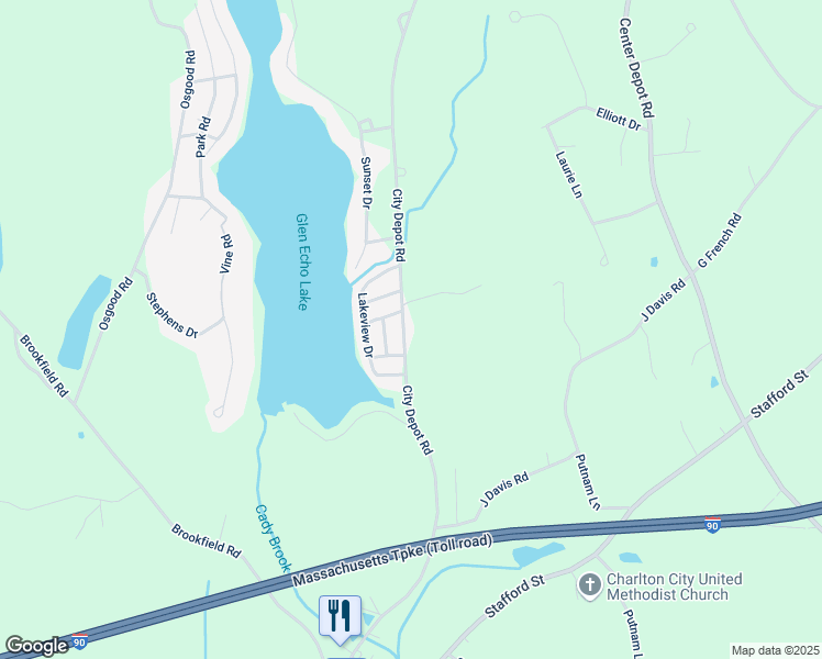map of restaurants, bars, coffee shops, grocery stores, and more near 84 City Depot Road in Charlton