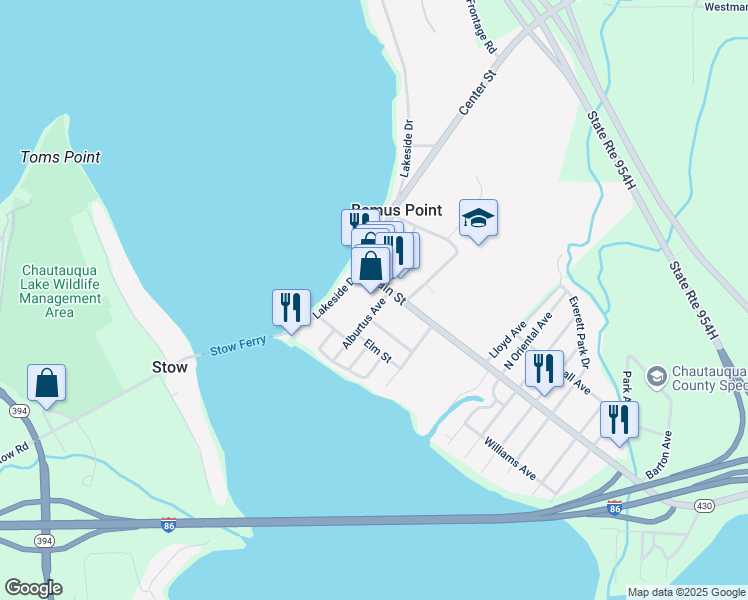 map of restaurants, bars, coffee shops, grocery stores, and more near 23 Main Street in Bemus Point