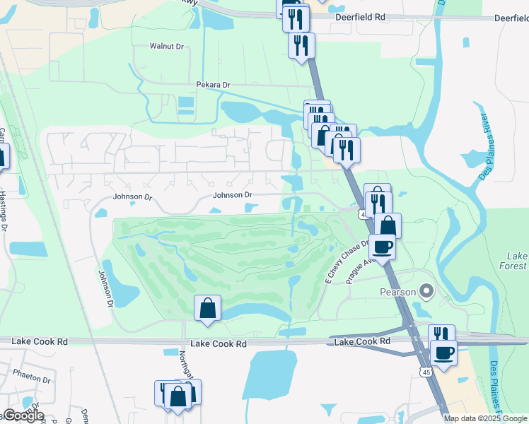 map of restaurants, bars, coffee shops, grocery stores, and more near 1531 Johnson Drive in Buffalo Grove