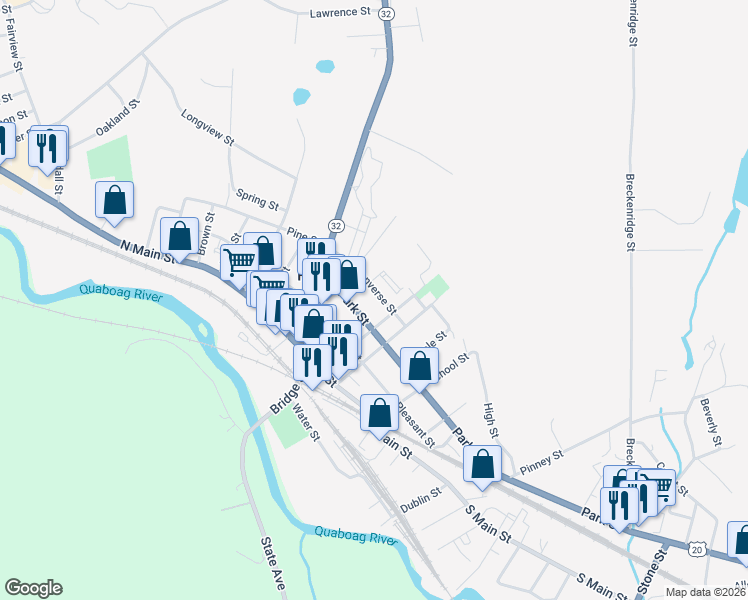map of restaurants, bars, coffee shops, grocery stores, and more near 35 Converse Street in Palmer