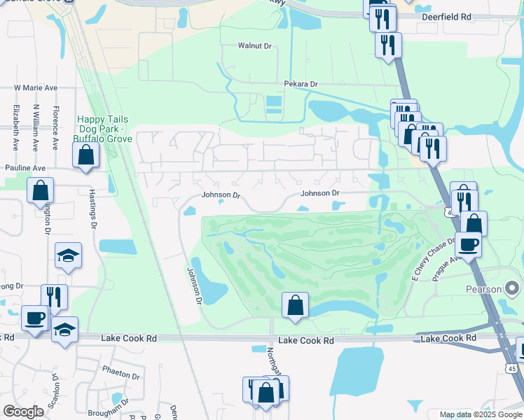 map of restaurants, bars, coffee shops, grocery stores, and more near 1341 Johnson Dr in Buffalo Grove