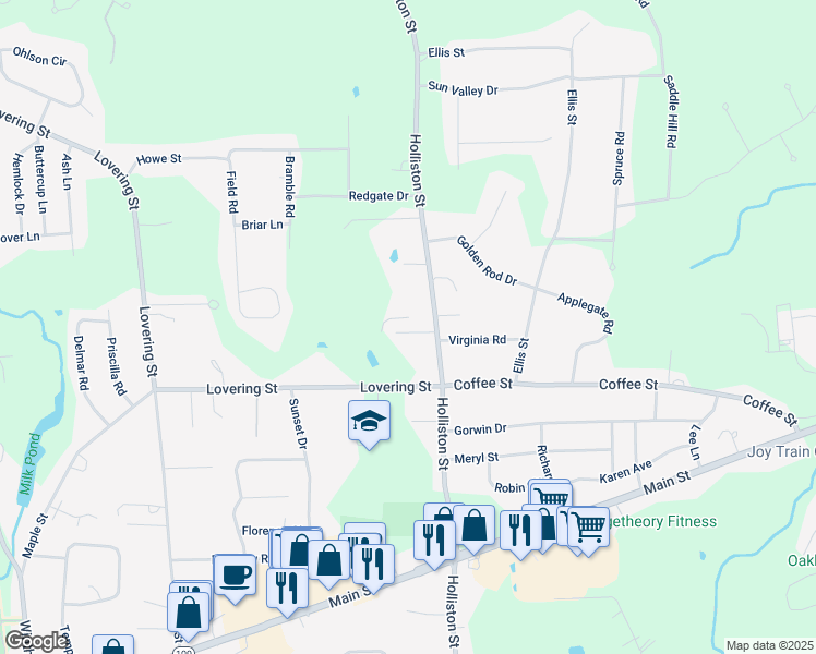 map of restaurants, bars, coffee shops, grocery stores, and more near 115 Holliston Street in Medway
