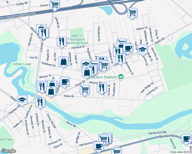 map of restaurants, bars, coffee shops, grocery stores, and more near 300-302 East Street in Ludlow