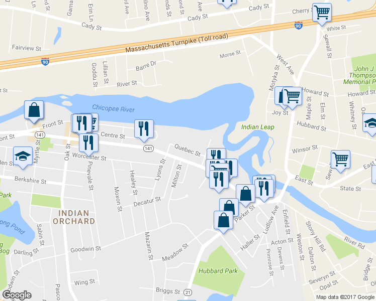 map of restaurants, bars, coffee shops, grocery stores, and more near 28 Quebec Street in Springfield