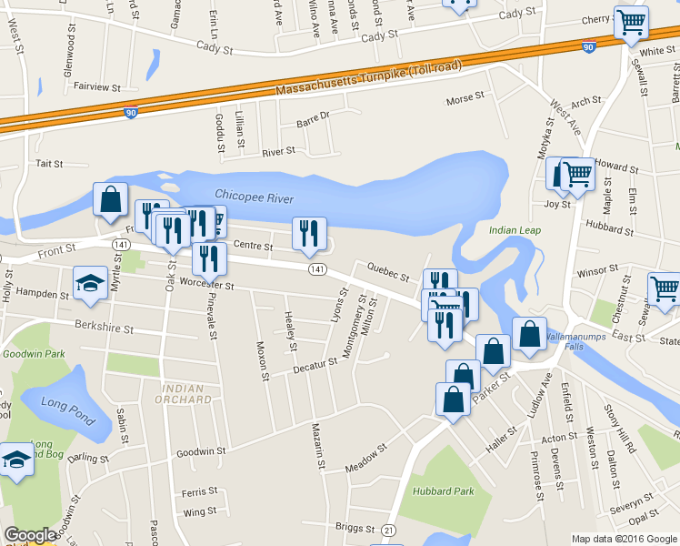 map of restaurants, bars, coffee shops, grocery stores, and more near 318 1/2 Main Street in Springfield