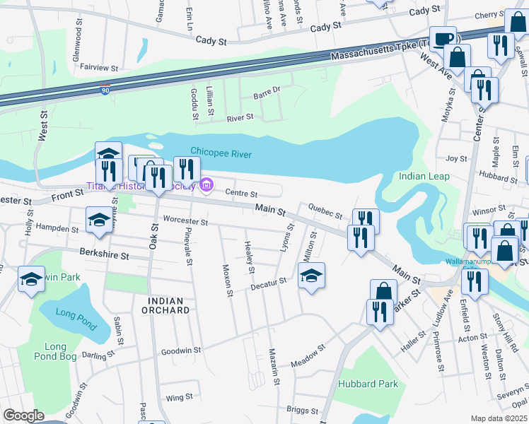 map of restaurants, bars, coffee shops, grocery stores, and more near 281 Main Street in Springfield
