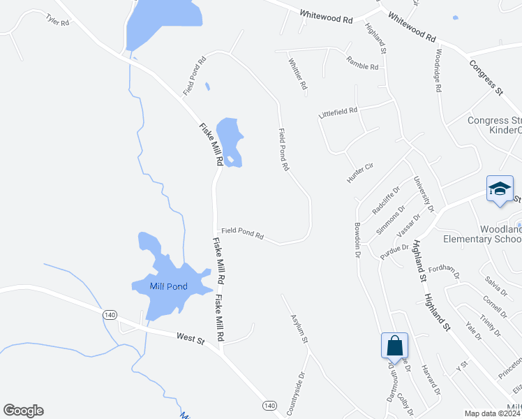 map of restaurants, bars, coffee shops, grocery stores, and more near 6 Field Pond Road in Milford