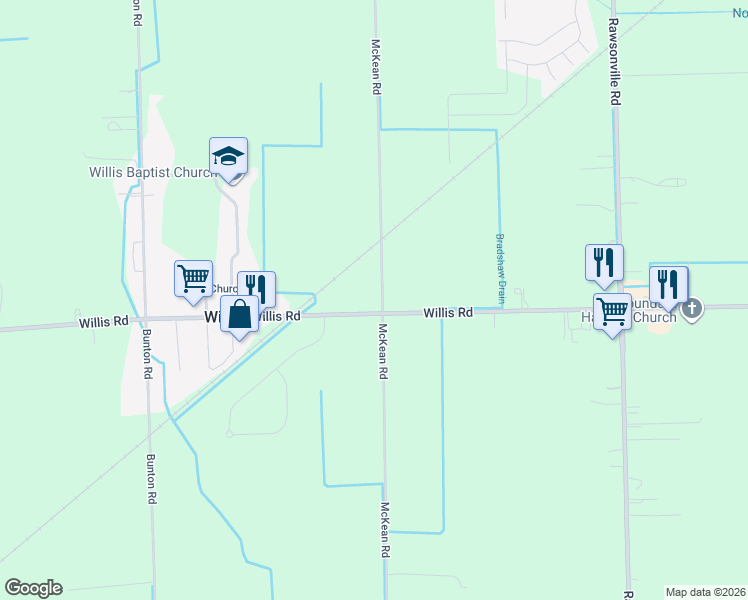 map of restaurants, bars, coffee shops, grocery stores, and more near 10485 Willis Road in Willis