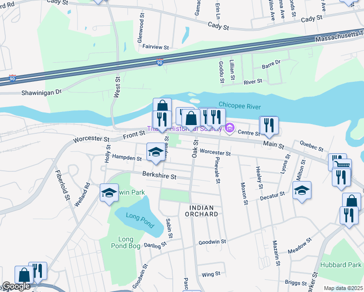map of restaurants, bars, coffee shops, grocery stores, and more near 1194 Worcester Street in Springfield