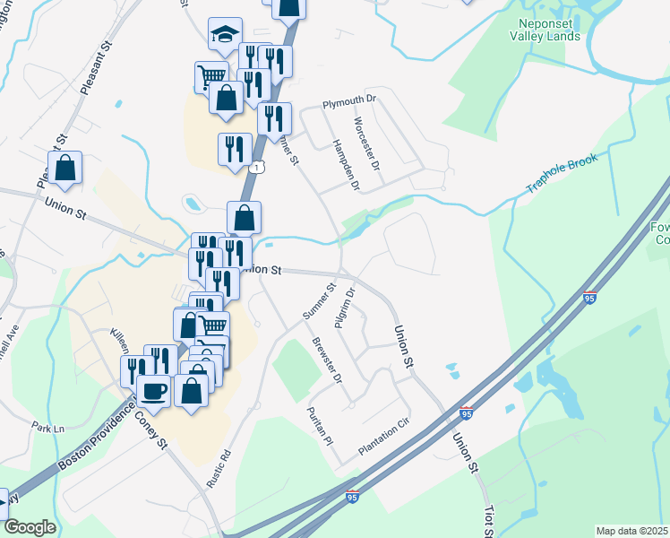 map of restaurants, bars, coffee shops, grocery stores, and more near 331 Sumner Street in Norwood