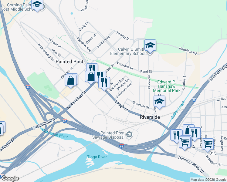 map of restaurants, bars, coffee shops, grocery stores, and more near 318 Imperial Ave in Painted Post