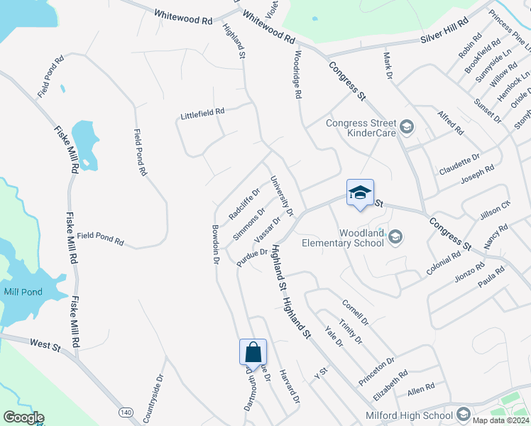 map of restaurants, bars, coffee shops, grocery stores, and more near 8 Simmons Drive in Milford