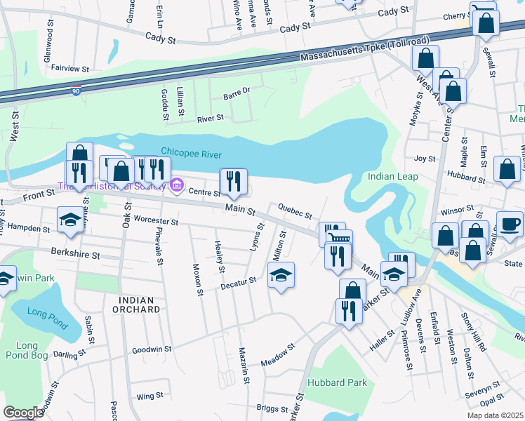 map of restaurants, bars, coffee shops, grocery stores, and more near 318 1/2 Main Street in Springfield