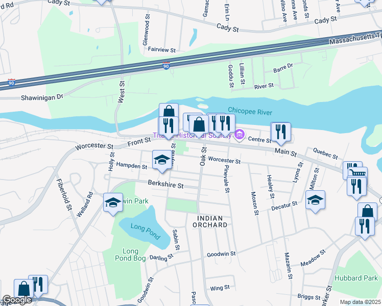 map of restaurants, bars, coffee shops, grocery stores, and more near 1196 Worcester Street in Springfield