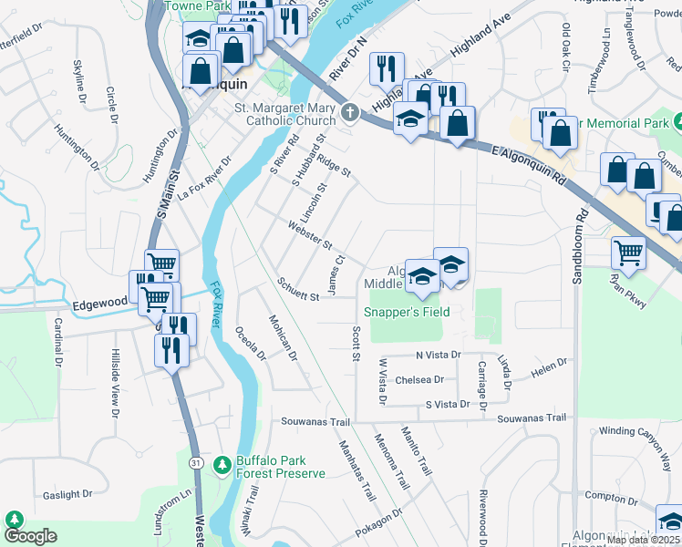 map of restaurants, bars, coffee shops, grocery stores, and more near 509 James Court in Algonquin
