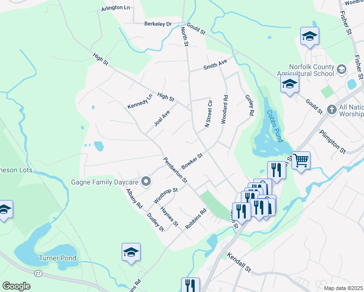 map of restaurants, bars, coffee shops, grocery stores, and more near 22 Fern Drive in Walpole